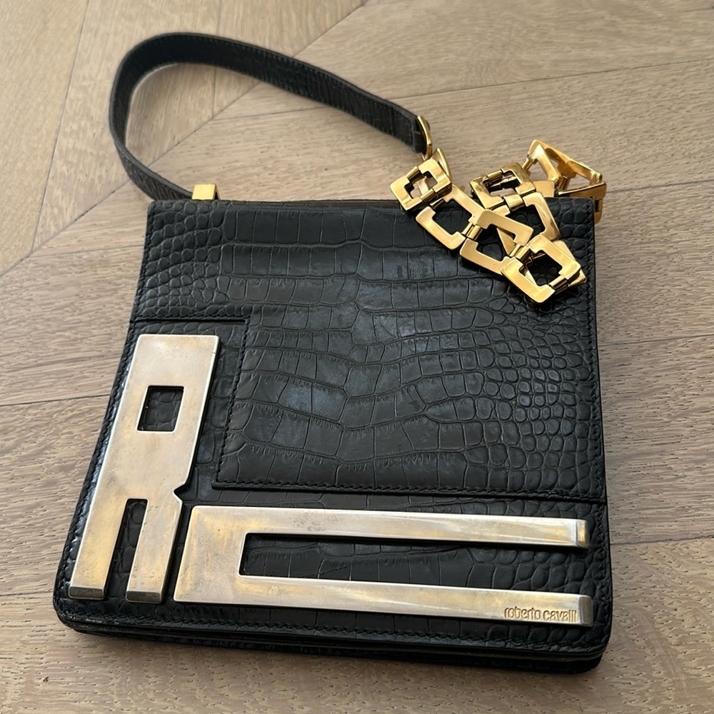 Roberto Cavalli Vintage Shoukdwr Bag with Chain in Embossed leather